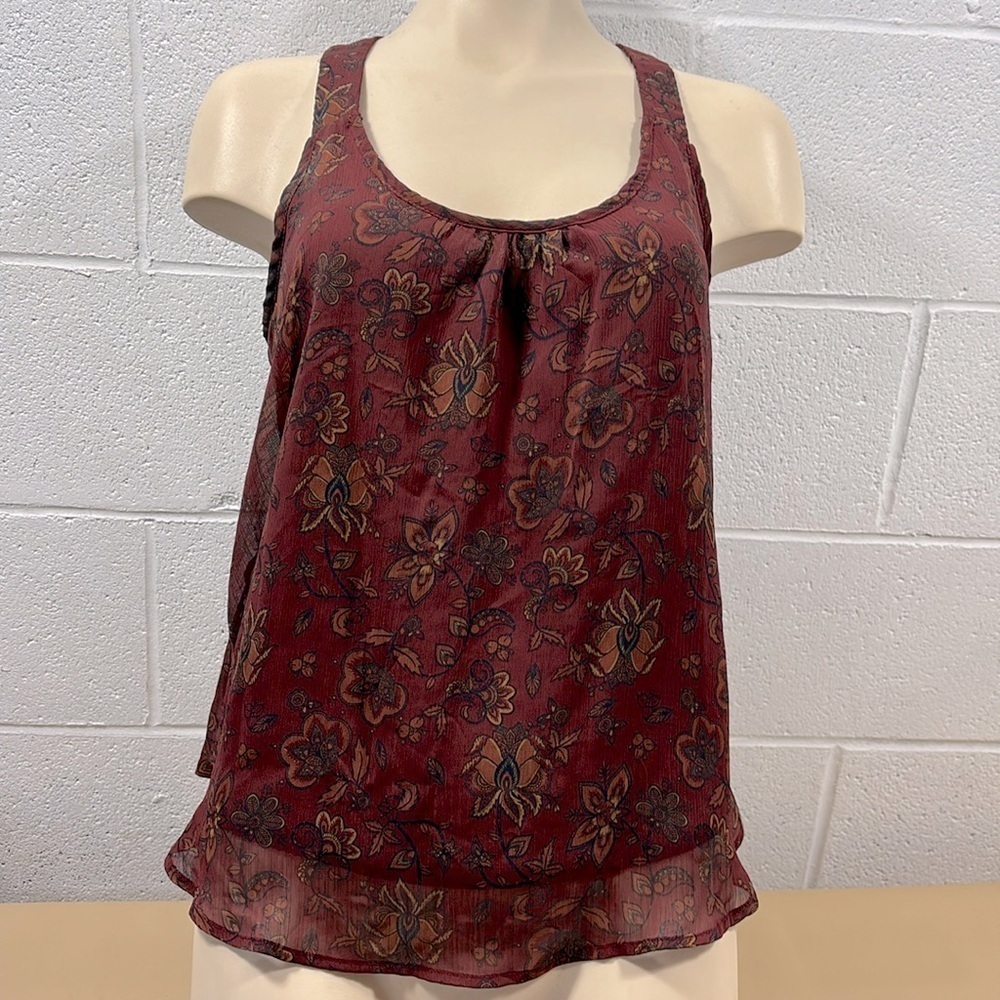Blue Notes, rusty, red floral, sheer sleeveless top​​​​​​